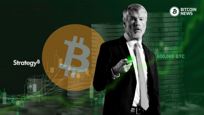 A man in a suit stands gesturing amid green candlestick charts, stacks of coins, and Bitcoin logos, with the text "Strategy" and "600,000 BTC" displayed, visually representing the company's massive Q3 Bitcoin holdings and the $20.91B unrealized gain that would have placed it among the top S&P 500 operating profits.