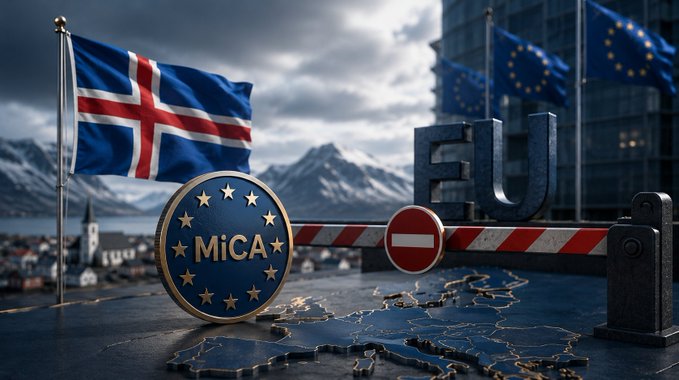 Digital illustration featuring the flag of Iceland next to a 'MiCA' (Markets in Crypto-Assets) medallion, with a red 'no entry' barrier block labeled 'EU', set against a backdrop of snow-capped mountains and European Union flags.