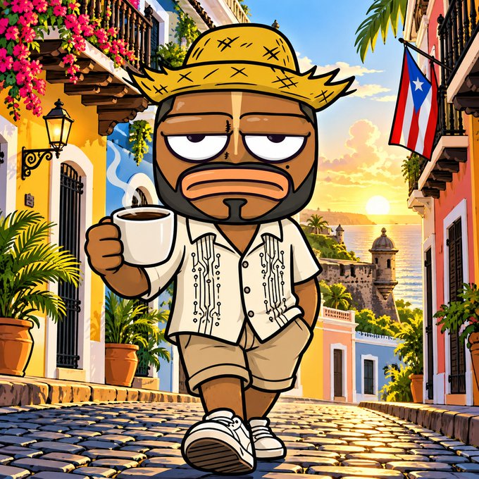 A cartoon bearded man in a straw hat and white shirt holds a coffee cup while standing on a colorful cobblestone street near pastel buildings, flowers, a Puerto Rican flag, and the sea.