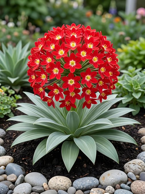 A vibrant red flowering plant with yellow-centered blooms arranged in a spherical cluster, surrounded by silver-green succulent leaves, growing in soil bordered by smooth river stones.
