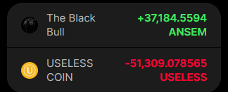 A mobile screen showing crypto prices: 'The Black Bull' token up +37184.5594 (ANSEM) and 'USELESS COIN' down -51,309.078565 (USELESS).