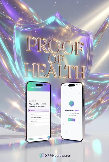 A promotional graphic for 'PROOF OF HEALTH' featuring two smartphones displaying a health assessment app interface, set against a glowing iridescent shield background with 'XRP Healthcare' branding at the bottom.