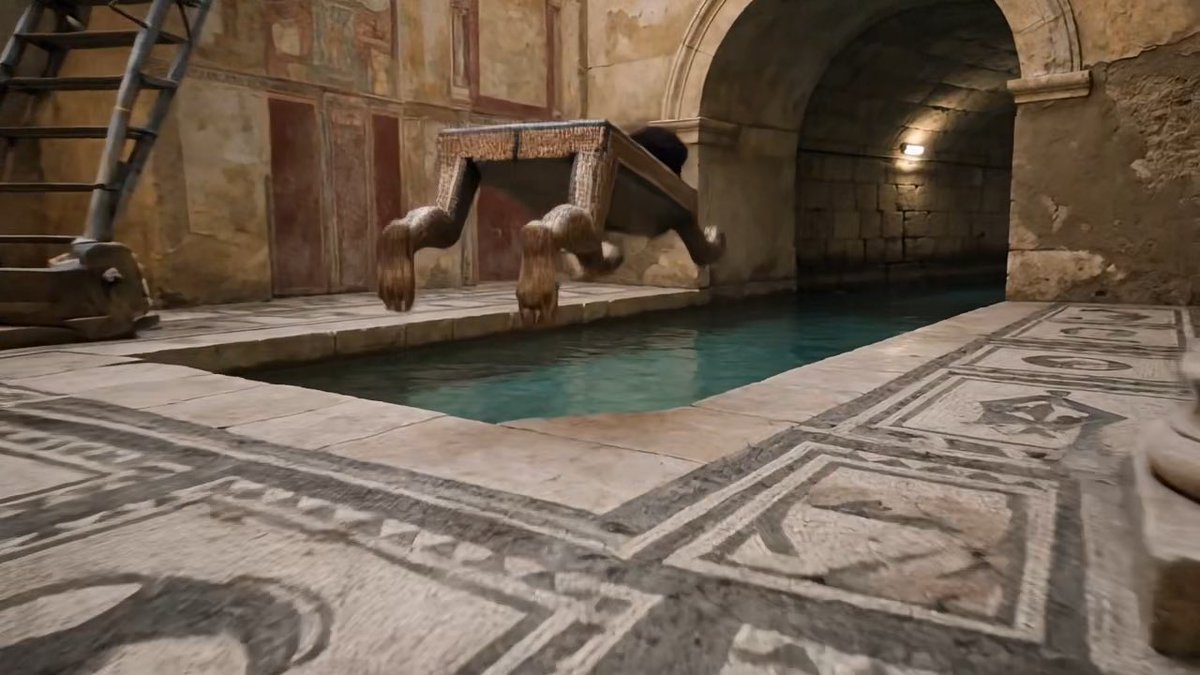 A first-person view from inside ancient mosaic-floored Roman baths, looking across a pool at a table with carved animal-leg supports, with a wooden ladder on the left.