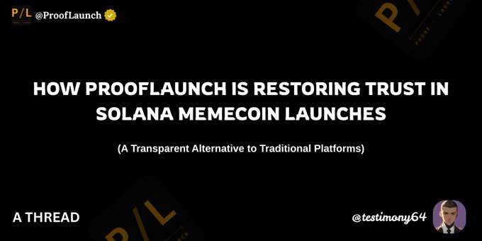The image features a black background with white text that reads "How Proofflaunch is Restoring Trust in Solana Memecoin Launches (A transparent alternative to traditional platforms)". The image also includes a small cartoon of a man wearing a suit, which adds a touch of humor and personality to the post.