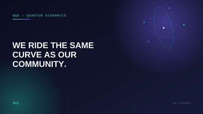 A promotional banner for 'QE - Quantum Economics' with the tagline 'WE RIDE THE SAME CURVE AS OUR COMMUNITY' and an atomic orbit graphic on a dark blue background.