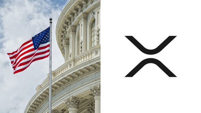 A split image showing the U.S. Capitol building with an American flag on the left, and the black XRP cryptocurrency logo on the right.