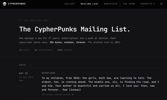 A screenshot of the CypherPunks Mailing List website, showing 'Day 25' post dated 24 Aug 2026 with a message from 'Dad (Juneau)' addressed to his children.