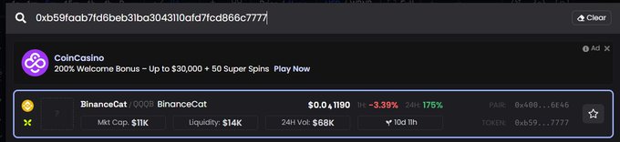 A search for the address "0xb59faab7fd6beb31ba3043110afd7fcd866c7777" on a DEX tracker returns the BinanceCat/SOL pair, showing a micro-cap token with just $11K market cap, $14K liquidity, and $68K in 24-hour volume, ranking 100th on the 10d pair leaderboard. The post's note about "che10d pair stock, good narr" aligns with the token's high 1.75% buy/sell ratio but low liquidity, suggesting it's a small, narrative-driven meme coin.