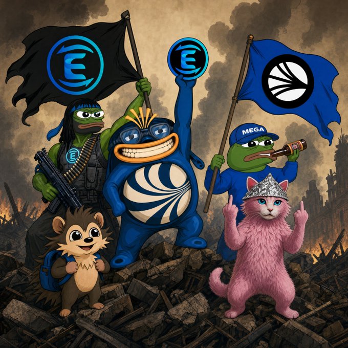 A chaotic rally of meme characters—a Rambo-style Pepe, a giant grinning blue monke holding an "E" coin, a "MEGA" cap-wearing Pepe, and a pink cat—stand triumphantly atop rubble waving flags bearing the "E" (likely eCash/XEC) logo, visually echoing the post's call for a "$S" token renaissance and comeback.