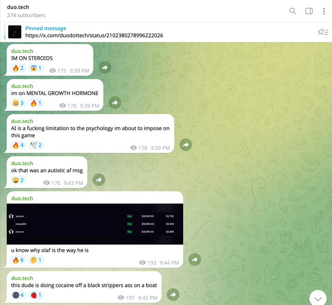 A Telegram channel screenshot from 'duo.tech' with 274 subscribers, featuring messages about 'IM ON STEROIDS', 'MENTAL GROWTH HORMONE', and comments regarding AI and a 'cocaine off a black strippers ass on a boat'.
