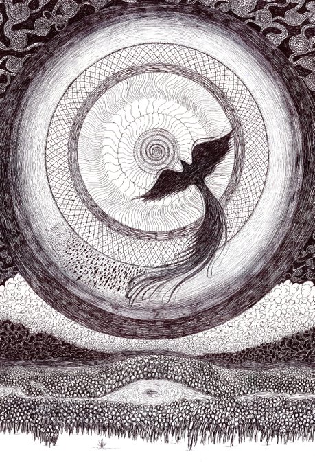 An intricate black and white ink drawing of a bird in flight in front of a large, detailed circular mandala or sun pattern, with a textured, patterned landscape below.