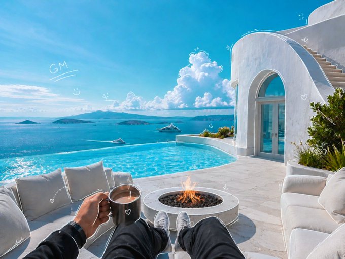A first-person perspective image showing someone relaxing by a fire pit with a cup of coffee, overlooking a stunning cliffside infinity pool and ocean view in what appears to be Santorini, Greece, with 'GM' doodled in the sky.