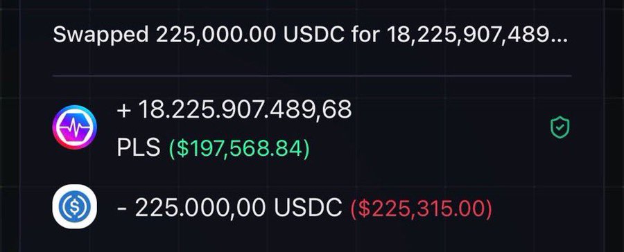 A crypto swap interface showing a transaction where 225,000 USDC ($225,315) was exchanged for 18,225,907,489.68 PLS tokens valued at $197,568.84. This image illustrates the post's claim of a large buyer bridging $450K into PulseChain (PLS), as the substantial USDC-to-PLS swap demonstrates the capital inflow pushing core token prices higher.