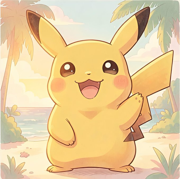 A cute, smiling Pikachu stands on a sandy beach with palm trees and ocean in the background, rendered in a soft anime style.