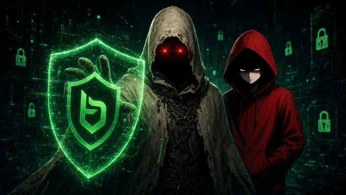 A hooded figure with glowing red eyes and a digital shield logo stands beside another hooded person in a red hoodie against a dark, digital background with lock icons.