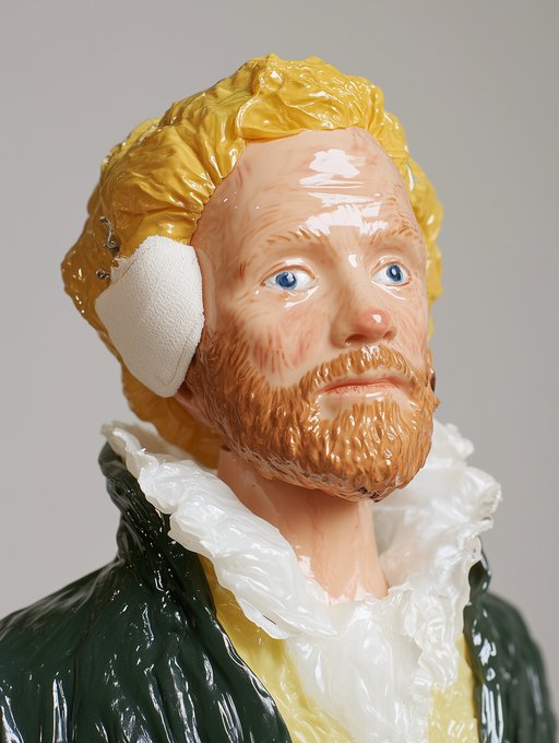 A glossy ceramic figurine of a man with blonde hair, a beard, and wide blue eyes, wearing a green coat with a white ruffled collar and a white ear covering.