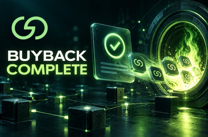 Neon green crypto graphic reading “BUYBACK COMPLETE,” showing linked tokens moving from a glowing circular portal.