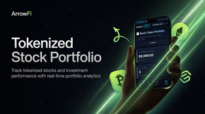 An ArrowFi advertisement for a Tokenized Stock Portfolio app, showing a smartphone displaying a portfolio with a $9,999.00 total portfolio value.