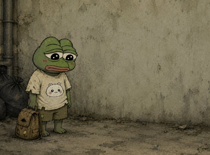 A melancholic digital illustration of an anthropomorphic frog character wearing a dirty t-shirt with a cute animal graphic, standing barefoot next to a worn backpack in a bleak alleyway.