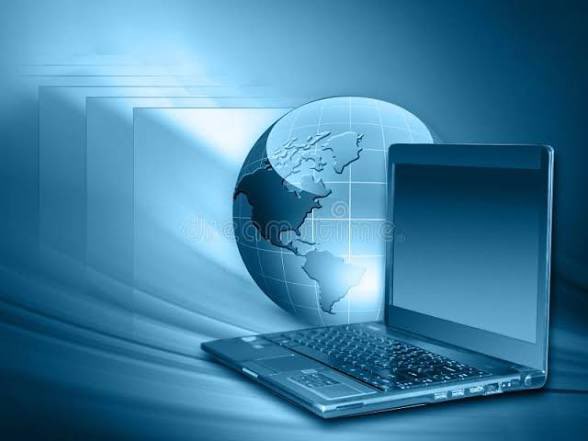A blue-tinted stock illustration showing a laptop next to a globe, symbolizing global internet connectivity.