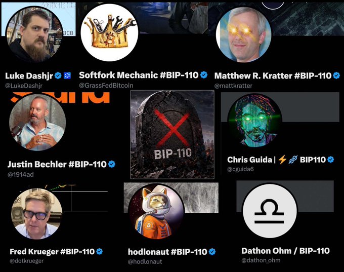 A collage of Twitter profile pictures displays nine prominent Bitcoin community members who promoted BIP-110, including Luke Dashjr, Softfork Mechanic, Matthew R. Kratter, Justin Bechler, Chris Guida, Fred Krueger, hodlonaut, and Dathon Ohm, with a central tombstone marked with a red X reading "BIP-110." The image serves as a visual warning to the Bitcoin community, identifying and publicly naming the individuals who aggressively pushed for mandatory BIP-110 signaling based on claims and conspiracy theories that ultimately failed to materialize.