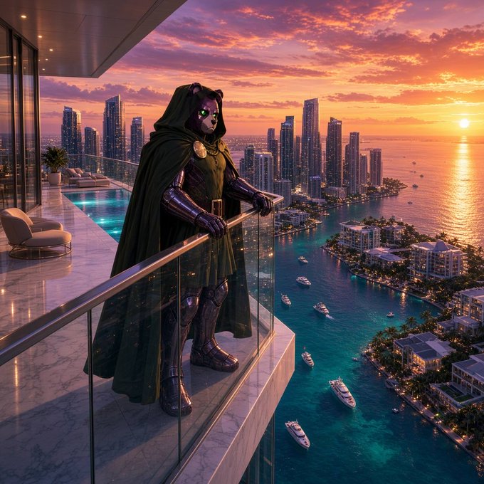 An AI-generated image of a hooded, masked figure in green and purple armor standing on a luxurious high-rise balcony overlooking a coastal city skyline at sunset, with boats in the harbor below.