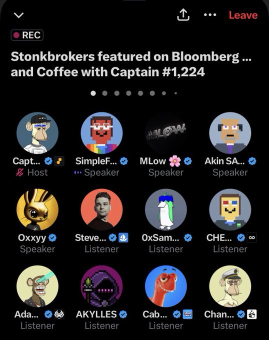 A screenshot of a Clubhouse/Twitter Spaces-style audio chat titled 'Stonkbrokers featured on Bloomberg ... and Coffee with Captain #1,224' showing participants including Capt..., SimpleF..., MLow, Akin SA..., Oxyyy, Steve..., OxSam..., CHE..., Ada..., AKYLLES, Cab..., and Chan...