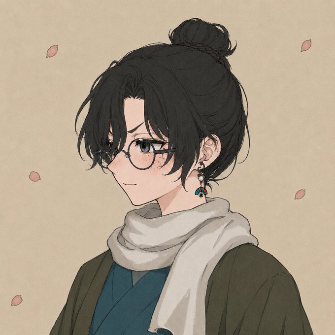 An anime-style illustration of a character with dark hair in a bun, wearing round glasses, a scarf, and traditional clothing, with cherry blossoms floating around.