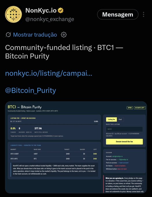 A screenshot of a tweet from NonKyc.io (@nonkyc.exchange) about a 'Community-funded listing · BTC1 — Bitcoin Purity' campaign, showing a listing pool with '377.96' raised toward a $400 target.