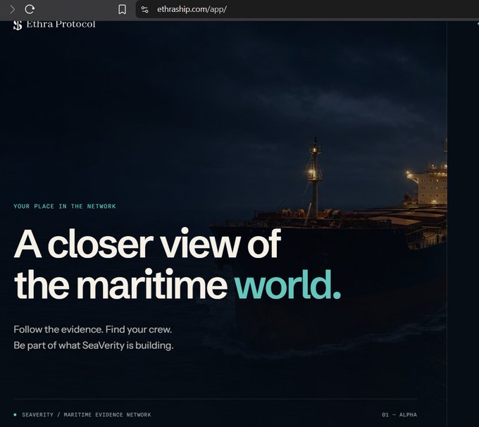Screenshot of the Ethra Protocol / SeaVerity website (ethraship.com/app) titled "A closer view of the maritime world" with the tagline "Follow the evidence. Find your crew."