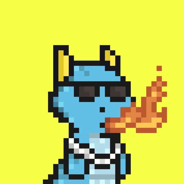 A pixel art illustration shows a blue character wearing sunglasses and blowing fire on a bright yellow background.