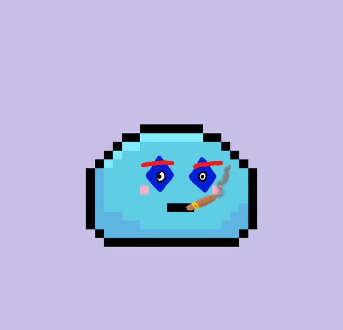 A pixel-art blue blob character with diamond-shaped blue eyes, rosy cheeks, and a cigar in its mouth is depicted on a light purple background. The cartoonish figure humorously ties into the post's playful nod to $XRP's NFT offerings.