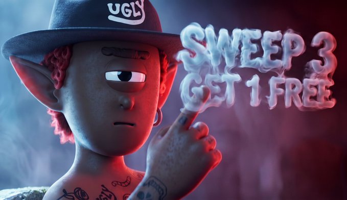 A 3D-rendered character wearing an 'UGLY' cap exhales smoke that forms the words 'SWEEP 3 GET 1 FREE'.
