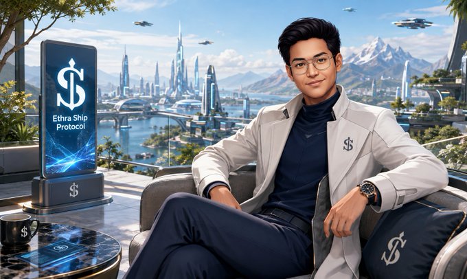 A digitally rendered young man wearing a white blazer with a dollar sign logo sits in a futuristic setting, with a vertical display reading "Ethra Ship Protocol" beside him against a backdrop of a sci-fi cityscape.
