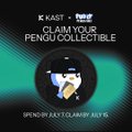 A promotional graphic from KAST and Pudgy Penguins encourages users to "Claim Your Pengu Collectible" by spending on their KAST card by July 7, with referral link app.kast.xyz/referral/187GU, complementing the post about using the KAST card to meet Pudgy Penguins SBT spending tiers ($10/$100/$1,000).