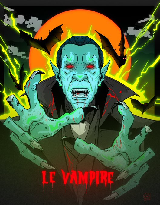 An illustrated horror poster titled 'LE VAMPRE' (Le Vampire) depicting a green-skinned vampire with red eyes, fangs, and claws against an orange sun with bats and lightning in the background.