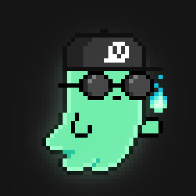 A pixel art illustration of a green, blob-like character wearing black sunglasses and a black cap featuring a white paw print logo, appearing to sweat or hold a small blue gem.