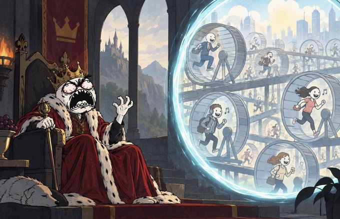 An illustrated king with a horrified expression sits on a throne while watching people run endlessly on hamster wheels in the distance.