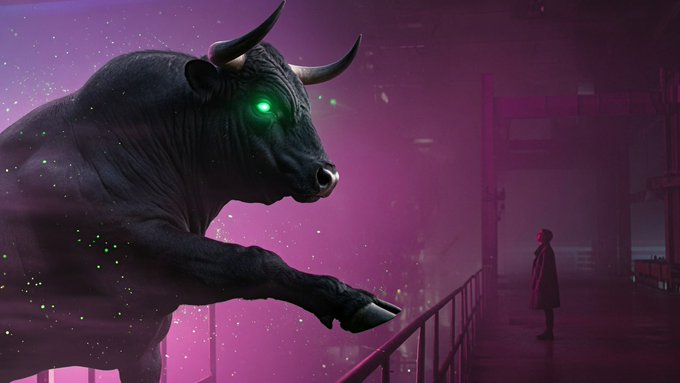 A massive black bull with glowing green eyes emerges from a magenta, star-filled haze on the left, towering over a small silhouetted figure standing on a foggy industrial walkway. The surreal, mystical atmosphere mirrors the post's surreal meme about $ANSEM offering companionship, with the giant spectral bull symbolizing the looming presence of the token.