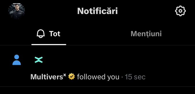 A screenshot of a Twitter/X notifications page showing that 'Multiversx' has followed the user 15 seconds ago, under the 'Tot' (All) tab.