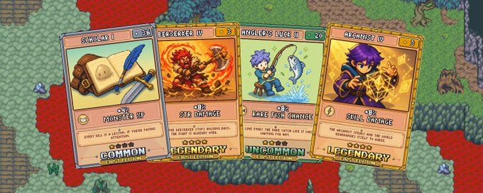 Four pixel-art cards from a video game are displayed side-by-side on a pixel-art landscape background: a common 'Scholar I' scroll, a legendary 'Berserker IV' character, an uncommon 'Angler's Luck II' character, and a legendary 'Alchemist IV' character.