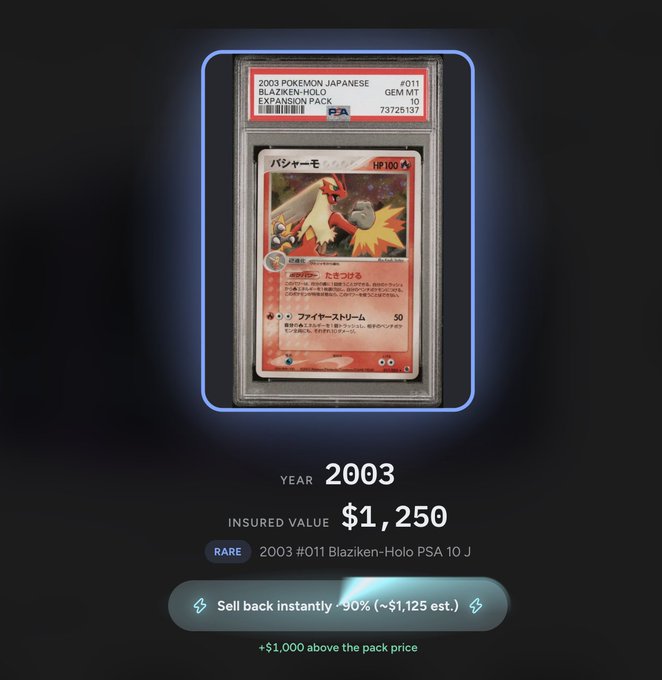 A 2003 Japanese PSA 10 graded Blaziken-Holo Pokémon card from the Expansion Pack, shown with an insured value of $1,250.