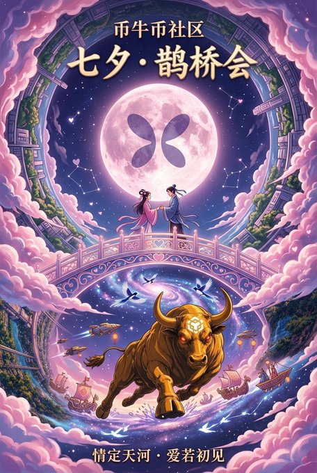 A fantasy poster with Chinese text '七夕·鹊桥会' (Qixi Magpie Bridge Meeting) showing two figures on a bridge under a full moon, with a golden bull charging across a starry river below, and text '情定天河·爱若初见' at the bottom.