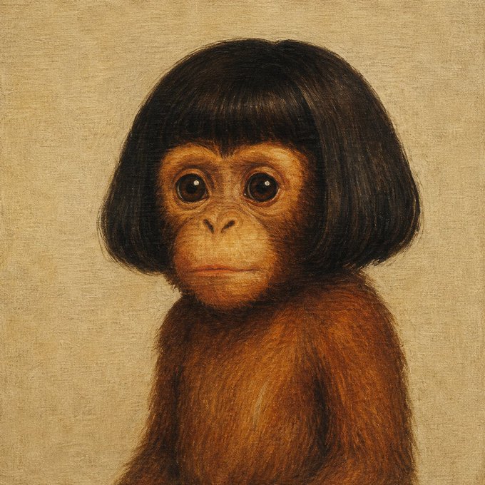 A classical painting-style portrait of a small monkey with large expressive eyes wearing a dark bob haircut against a beige textured background.