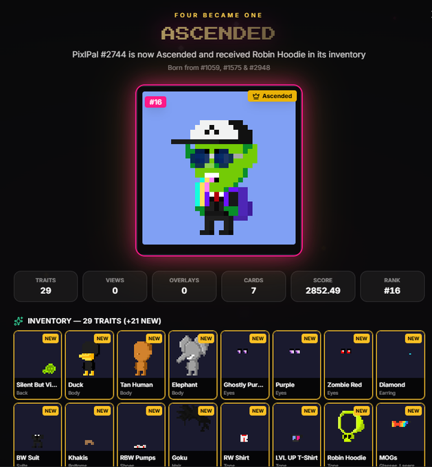 A digital interface for a PixlPal NFT (#2744) titled 'ASCENDED', displaying a pixel-art character with traits like 'Duck Body' and 'Tan Human Body', having a score of 2852.49.