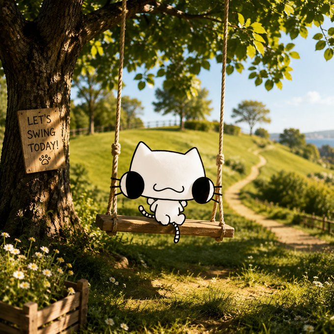 A cartoon cat character with big black eyes sits on a wooden swing hanging from a tree, with a sign reading "LET'S SWING TODAY!" featuring a paw print.