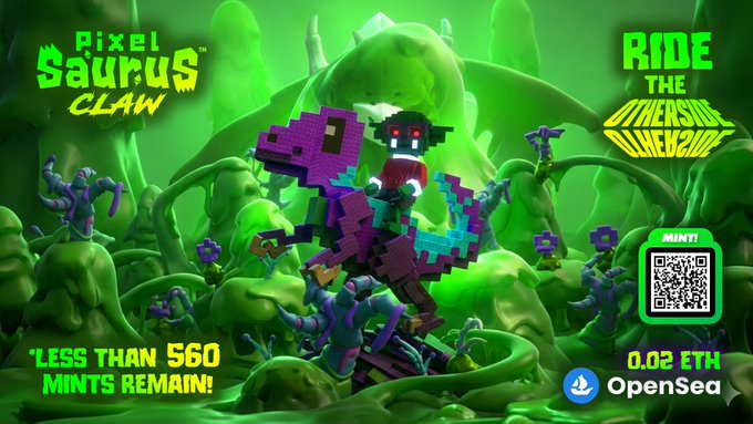 The image features a poster for a video game called "PixelSaurus® Claw". The poster showcases a dinosaur riding a claw, surrounded by green mountains and other dinosaurs. There are also some text elements present in the image, such as the words "Ride the OtherSide" and "opensea.io/collection/pix ... FREE Avatar + Rider Mount with EACH mint! Mint the 1of1 Mythical Claw = WIN 1ETH! 14+ collections enabled as Riders!". The poster is designed to attract attention and promote the game, highlighting its unique features and gameplay elements.