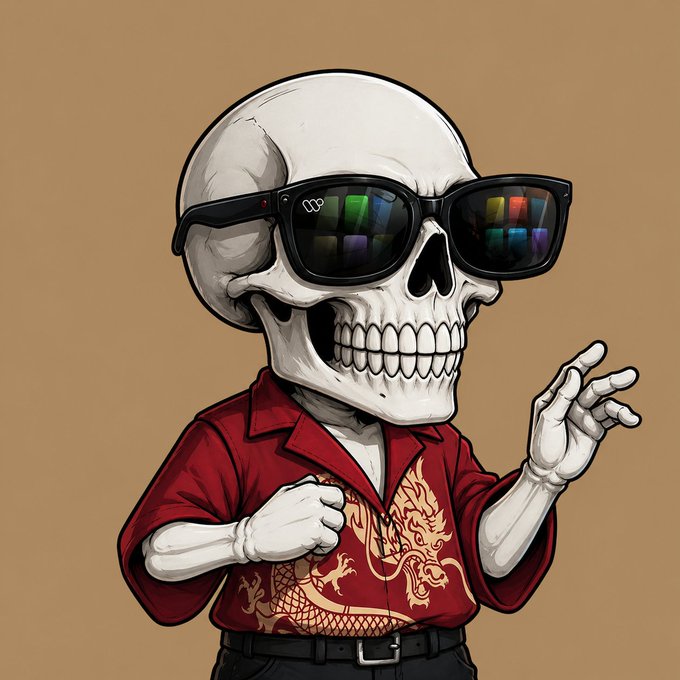 The image features a cartoon character of a skeleton wearing sunglasses and a red shirt with a dragon design. The skeleton appears to be posing for a photo, possibly as part of an art project or social media campaign related to the @XOOBNetwork initiative. The post mentions that the campaign is entering its final days, which suggests that it has been active for quite some time. Additionally, there are two people in the image who seem to be actively participating in the campaign by sharing their photos on social media platforms.