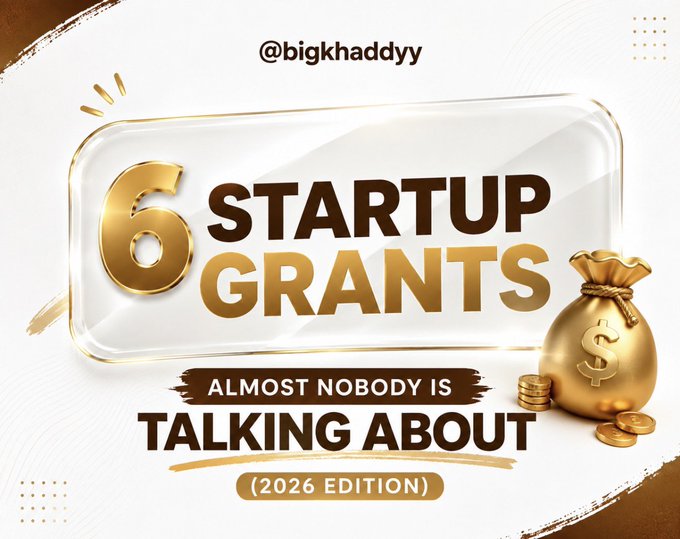 A promotional graphic with gold and white branding displays the text "6 STARTUP GRANTS ALMOST NOBODY IS TALKING ABOUT (2026 EDITION)" alongside a money bag and coins illustration, with "@bigkhaddyy" credited at the top. The image serves as a thumbnail for a post highlighting lesser-known Web3 accelerators and startup grants offering equity-free funding opportunities.