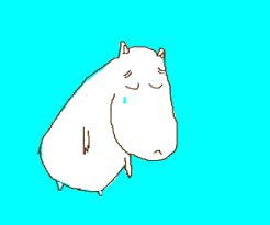 A simple cartoon drawing of a white, rounded character, possibly a hippo or rhino, with closed eyes and a single blue tear, set against a bright turquoise background.